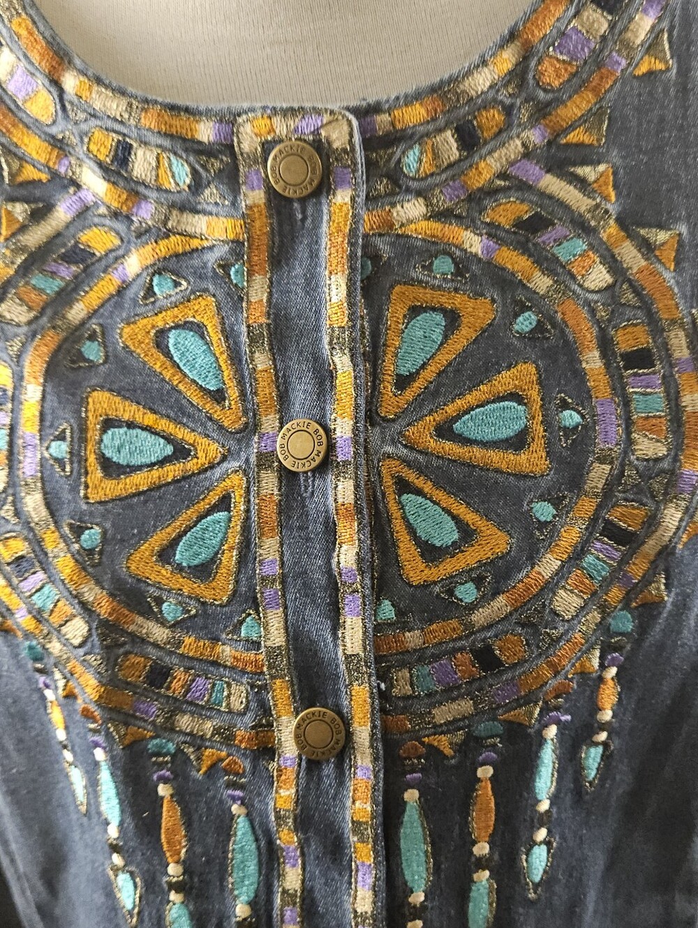 Bob Mackie Wearable Art L Denim Embroidered Southwest Tunic Jacket Dreamcatcher - Picture 10 of 11